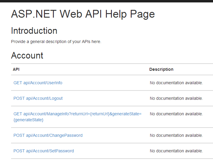 Página de ajuda da WebAPI padrão