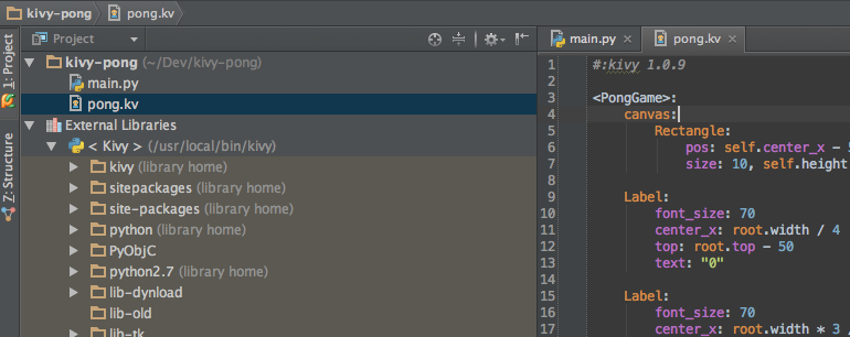 imagem da janela do pycharm mostrando / usr / local / bin / kivy como o interpretador python