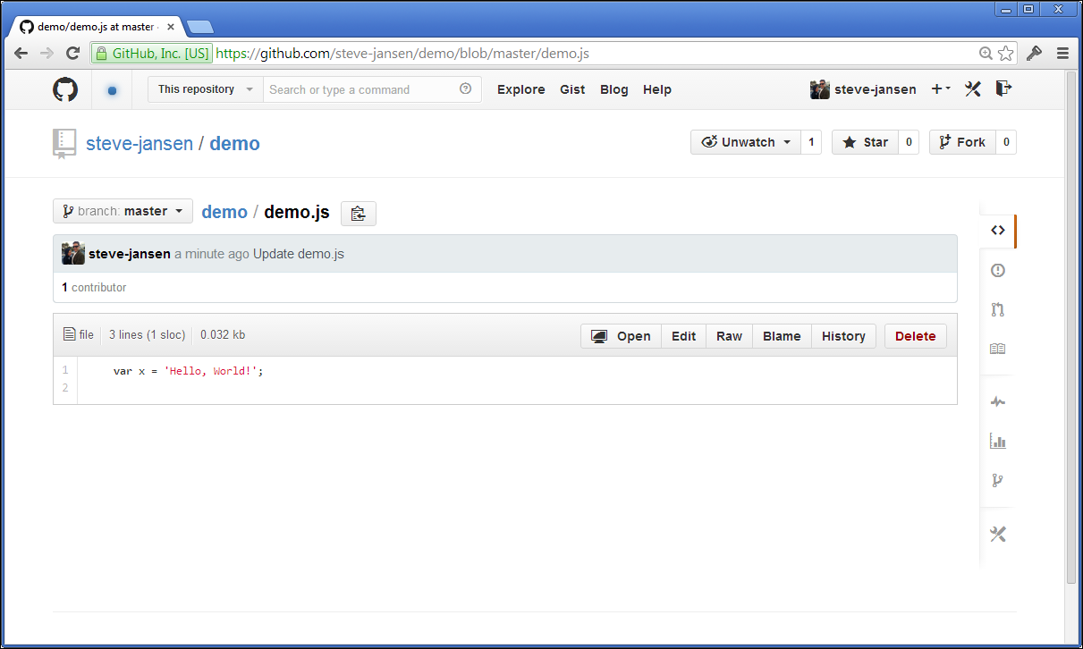 Captura de tela de um Hello, World!  Arquivo de código Javascript no GitHub
